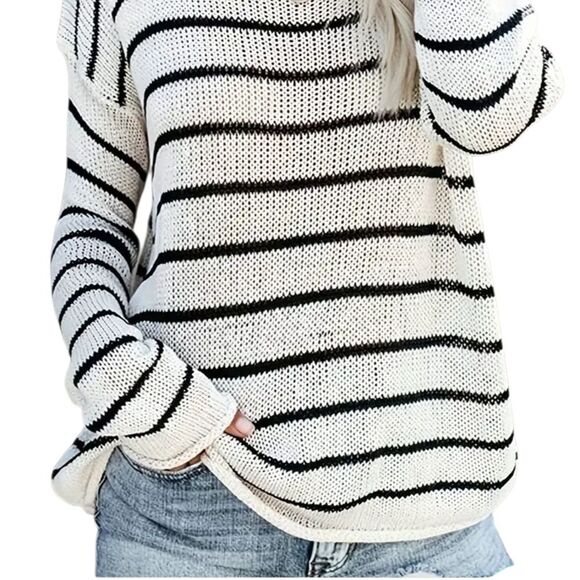 Youins Black and Cream Striped Turtleneck Sweater - Picture 1 of 5